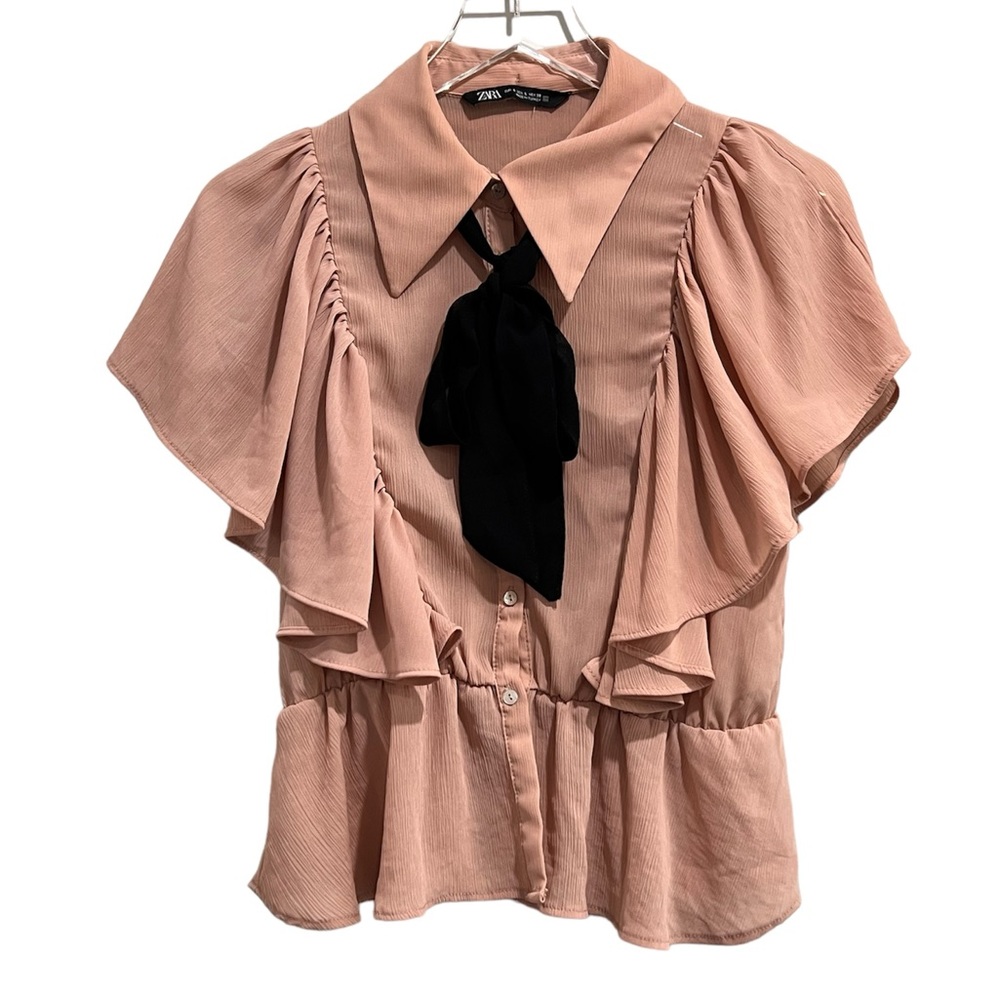 Zara Blush Pink Ruffle Button-Front Blouse with Black Neck Tie
